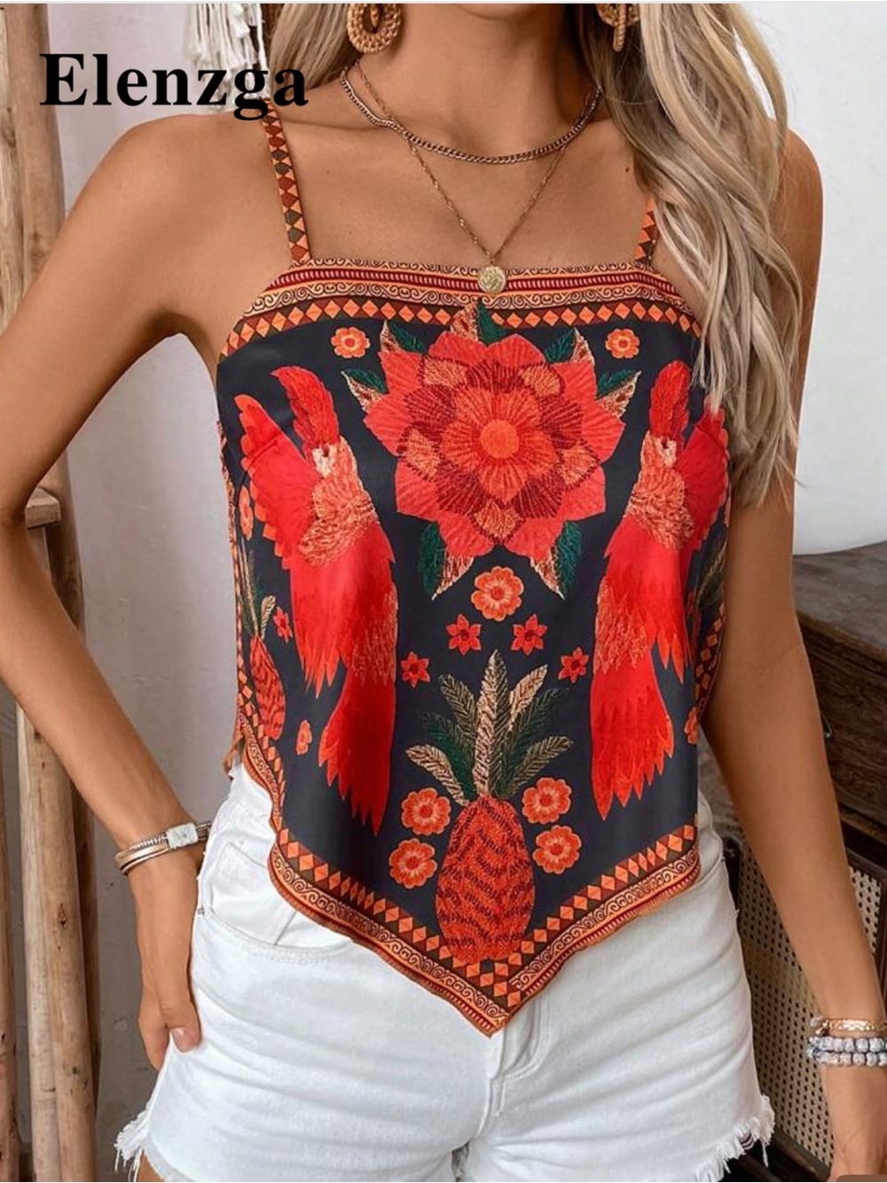 Women’s Red Tropical Print Handkerchief Cami Top